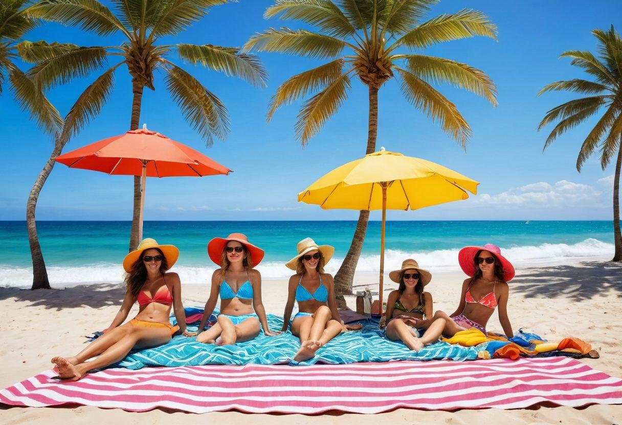 A stylish beach scene showcasing a diverse group of friends in trendy swimwear, lounging on colorful beach towels under a bright sun. Include vibrant umbrellas, palm trees swaying in the gentle breeze, and waves gently lapping at the shore. Highlight fashionable accessories like oversized hats and sunglasses to emphasize coastal fashion. The atmosphere should be fun, lively, and inviting with bright colors. super-realistic. vibrant colors. beach background.