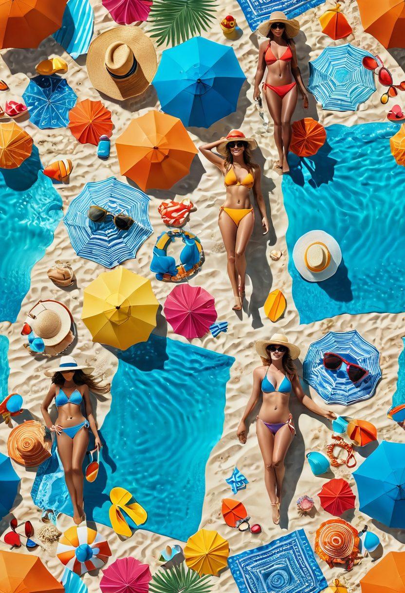 A vibrant beach scene showcasing a diverse group of people flaunting stylish swimwear and colorful accessories like hats, sunglasses, and cover-ups. The sun is shining brightly, reflecting off the azure water while beach towels and umbrellas create a lively atmosphere. Include elements like seashells and beach bags to emphasize a fun beach vibe. super-realistic. vibrant colors. 3D.